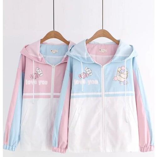 Kawaii Print Harajuku Zipper Girls Long Sleeve Coat Student Jacket Japanese Spring Autumn Cartoon Candy Print Hooded Tops