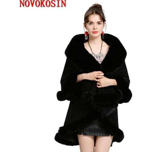 SC405 2019 Winter Big Fur Neck Cape Warm Long Knitted 2 Layers Imitation Fur European Cardigan Poncho Loose Sweater Women Coat