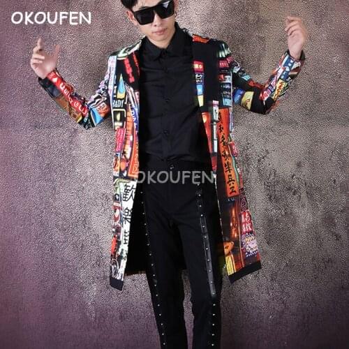 New Arrival Fashion Retro print suit tide male medium long jacket nightclub dj singer mens hairdresser stage show casual suit