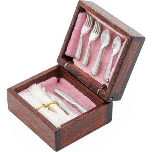 Odoria 1:12 Miniature Spoon Fork Knife Vintage Cutlery Box Tableware Kitchen Set Dollhouse Accessories Doll House Decoration