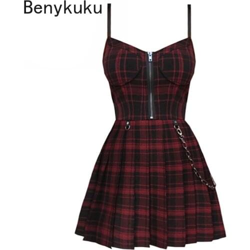 Gothic Girls Sexy Sling Dress Preppy Style Summer Red Black Pleated Plaid Women Sleeveless Mini Short Dress Goth Punk Streetwear