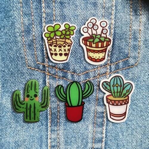 RSHCZY Cute Shirt Brooch Cartoon Potted Cactus Lapel Pin Acrylic Badges Hat Coat Jeans Accessories Jewelry Gifts
