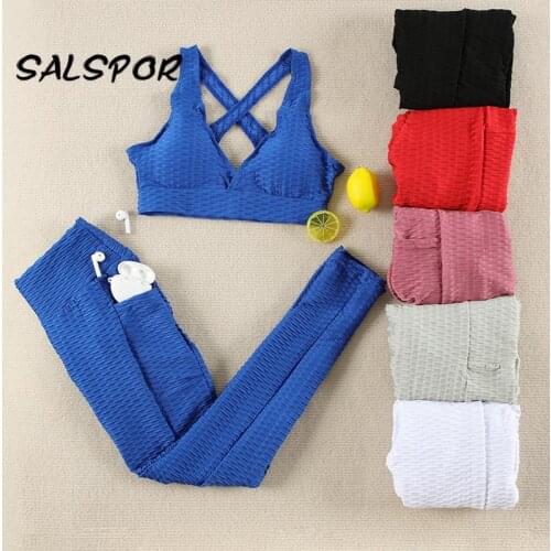 SALSPOR Seamless Sports Suits 2 Piece Set Women Athletic Gym Clothes Anti Cellulite High Waist Leggings Pockets Fitness Bras