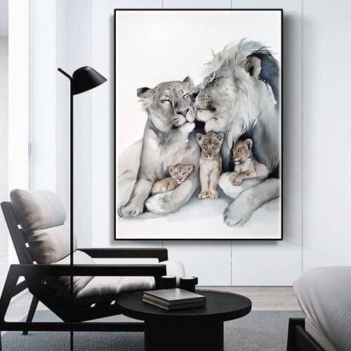 Modern and simple lion canvas paintings and art posters, a warm family of lions decorate the family living room