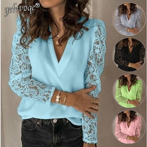 Women Street Casual Solid Color T-Shirt Lace Long Sleeve Chiffon Plus Size Elegant Tops Loose Pullover V-Neck Party Fashion Tun
