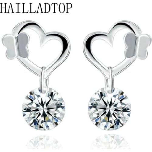 Silver Plated Heart-shaped Drop Earrings for Women Hollow Crystal Butterfly Earrings Jewelry Cute Super Flash Jewelry Wild Match