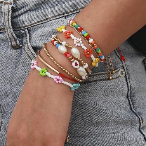 Ethnic Multilayer Colorful Seed Beaded Bracelets for Women Bohemian Handmade Little Daisy Beads Bracelet Sets Female Jewelry