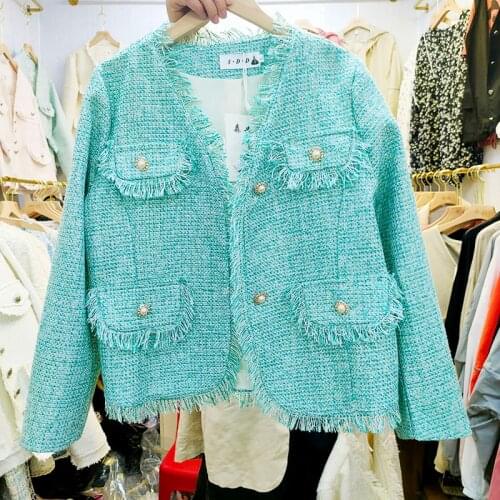 Small fragrance tweed jacket women 2021 spring and summer new loose V-neck pearl buckle fringed top