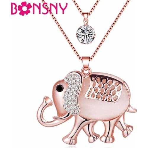Bonsny Statement Crystal Elephant Necklaces Pendant Alloy Chain Collar Jungle Animal Jewelry For Women Fashion Girl Accessories