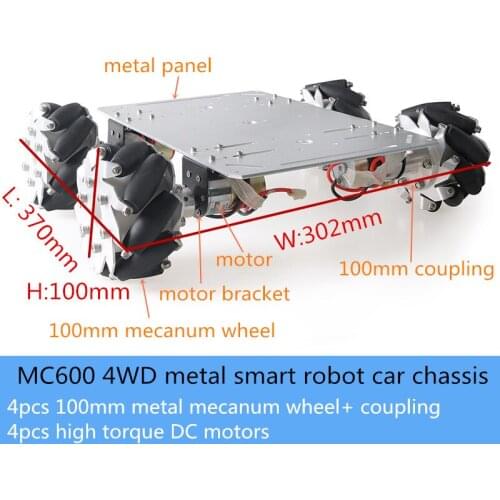 20kg Load MC600 4WD Metal Smart Robot Car Chassis Kit 100mm Metal Mecanum Omni Wheel 4pcs High Torque 37mm Metal DIY Education