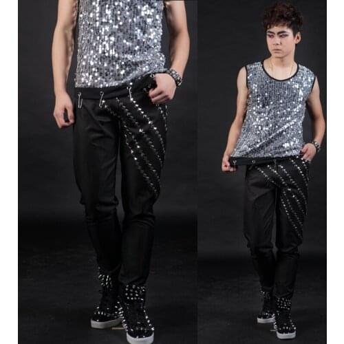 2016 Fashion black Male dj ds Rivets Slim Casual Pants Fashion Stage Show Performance Trousers mens leather pants