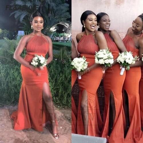 2021 Coral South African Bridesmaid Dresses Mermaid Halter Black Girls Bridesmaid Dress Split Side Wedding Party Gowns