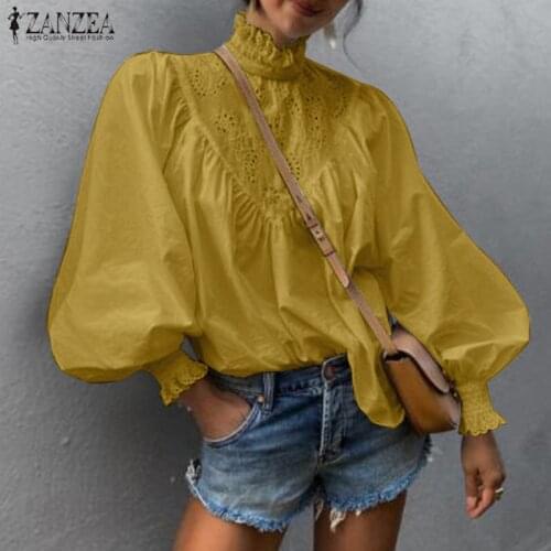2021 ZANZEA Women Long Lantern Sleeve Lace Crochet Blouse Autumn Ruffles Shirt Elegant OL Solid Blusas Casual Pleated Tops Tunic