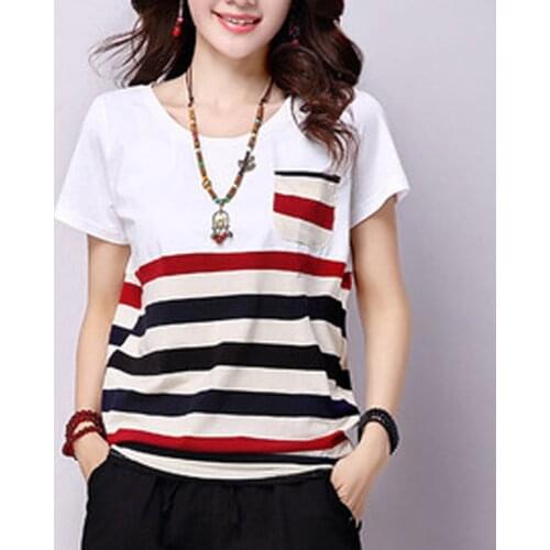 25#Women Striped T-Shirt Short-sleeved Summer tshirt Loose Plus Size Tops Lady O-Neck Tunic Tops Female Pullover Shirt Blusas