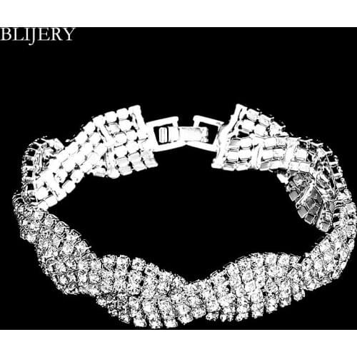 BLIJERY Fashion Crystal Bracelets & Bangles for Women Silver Color Rhinestone Twisty Femme Bracelets Bridal Wedding Jewelry