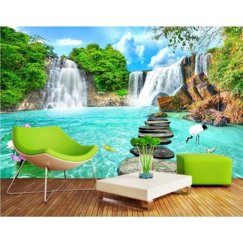 Custom photo 3d wallpaper Non-woven mural Landscape waterfalls carp crane room painting 3d wall murals wallpaper for walls 3 d