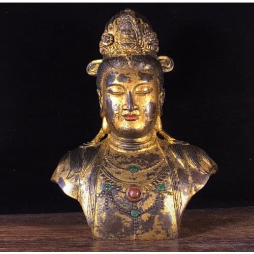 8"Chinese temple collection Old Bronze Cinnabar Lacquer Guanyin Bodhisattva Buddha Head Ornaments Town House Exorcism