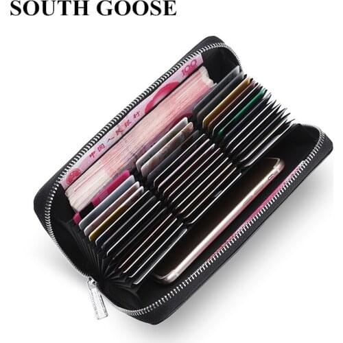 SOUTH GOOSE Genuine Leather RFID Zipper Credit Card Holder Multi-functional Wallet Men Business Cards Holder Women Travel Wallet