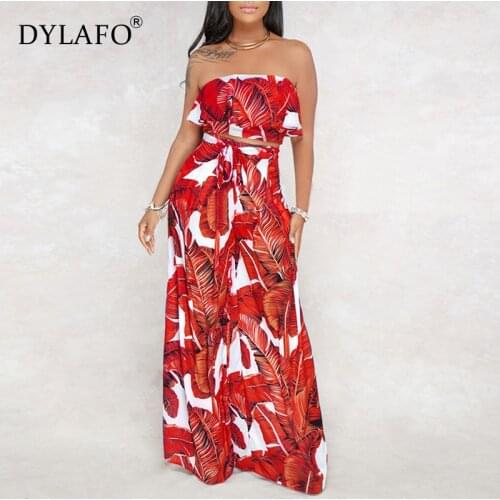 Boho Women Two Piece Set Leaves Print Off Shoulder Ruffles Cropped Top Wide Leg Pants High Waist Slim Sexy Suits Streetwear