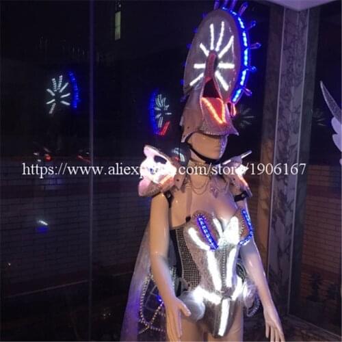 Fashion Led Luminous White Knight Catwalk Clothes Sexy Dress Singer Cosplay Ballroom Costume For Stage Dance DJ Bar TV Show