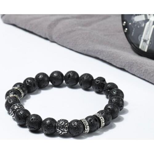 Wholesale 10mm natural lava stone bracelet mens bracelets stainless steel metal bracelet Jewelry 2019