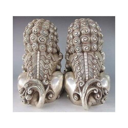 A Pair Chinese Feng Shui tibet silver Rare Chinese Silver Guardian Lion Foo Fu Dog Statue 2pcs Garden Decoration
