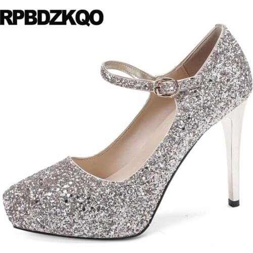 Platform Evening Metal Rose Gold Silver Shoes Extreme Pointed Toe Women Sparkling Mary Jane Stiletto Pumps Glitter High Heels