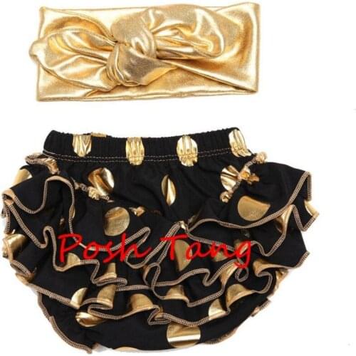 Baby Girl Shower Gift Photo Shoot Props Baby Girl Gold Polka Dot Bloomers Diaper Cover Ruffles