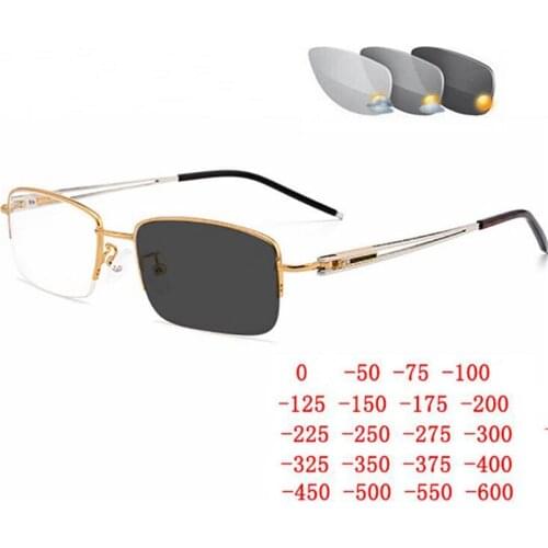 Sun Photochromic Semi-Rimless Square Myopia Glasses Finished Unisex Metal Steampunk Prescription Spectacles 0 -0.5 -0.75 To -6.0