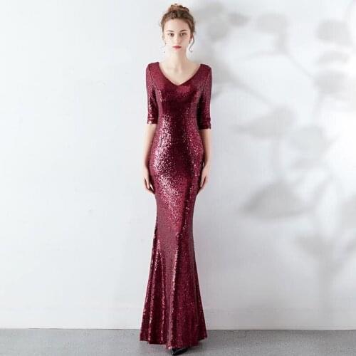 V Neck Sexy Sequin Chinese Evening Dress Long Mermaid Cheongsam Red Half Sleeve Qi Pao Women Wedding Qipao Bride Marry Gown