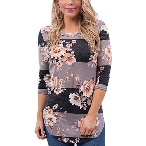 Spring New Fashion Women FloraL Striped Patchwork Long Sleeve Loose Cotton Tops T-Shirt Casual Womens Loose Clothes