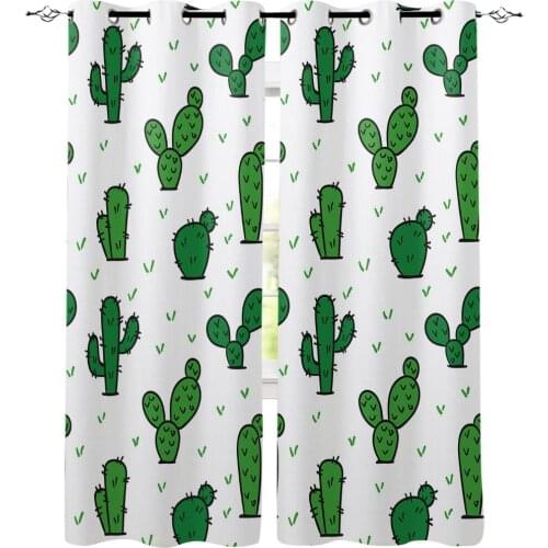 Cartoon Cactus Green Window Curtains LivingRoom Kitchen Curtains Left and Right Biparting Open