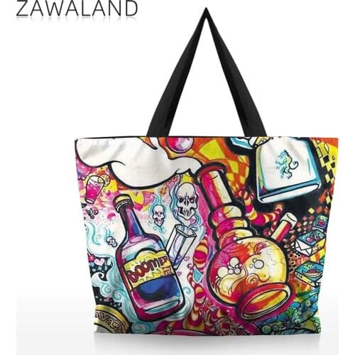 Zawaland Fashion Art Print Bags Women Large Capacity Shoulder Bag Canvas Zipper Travel Tote Students Girls Casual Top Handle Bag