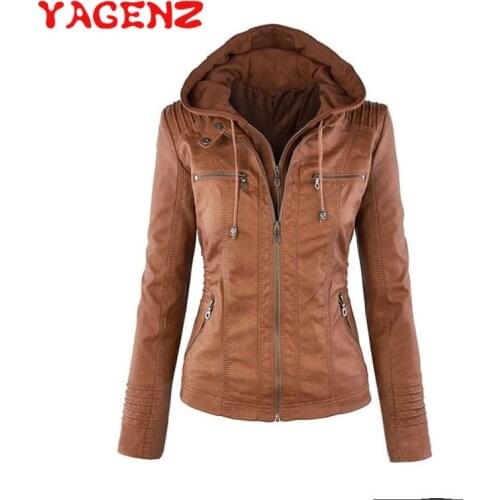 YAGENZ Spring Leather Jacket Women Black PU Leather Coat Basic coat Zippers Short Hooded Jackets Female Faux Leather Jackets 411
