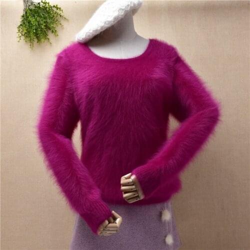 Ladies women fashion hairy fluffy mink cashmere knitted long sleeves slim blouses pullover angora rabbit fur jumper sweater pull