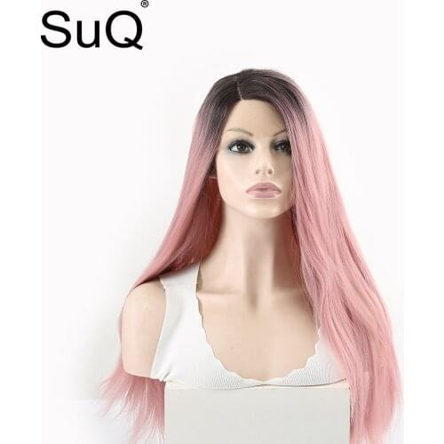 SuQ Long Straight Lace Front Wig for Women Cosplay Synthetic Hair Natural Black To Pink Part Lce Wigs