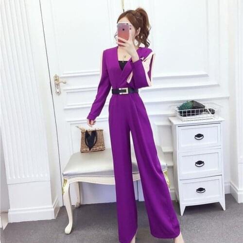 2021 spring Autumn women Korean fashion temperament Mesh stitching long sleeve high waisted wide leg jumpsuit with belt Y676