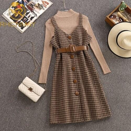 2020 Autumn Winter Woman Long Sleeves Knitted T-shirt + Tweed Blend Plaid Dress 2 pcs sets Female Outfits Free Belt