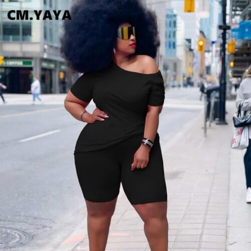 CM.YAYA Women Plus Size Solid Two Piece Set Fashion Off Shoulder T-shirt and Shorts Matching Set Streetwear Tracksuit Outfits