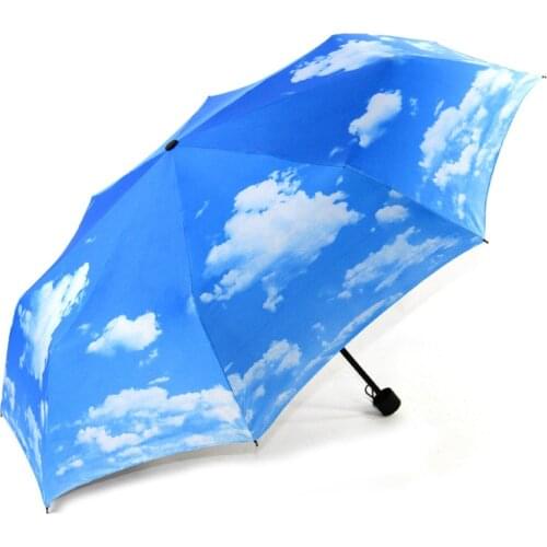 Blue sky white cloud black coating UV protection sunny and rainy umbrella three folding women umbrella windproof strong umbrella