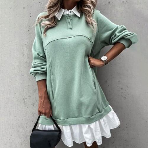 Women Casual Patchwork Mini Dress Long Sleeve Turn-down Collar Sweatshirt Dress 2020 Spring Autumn Fashion Loose Black Dresses