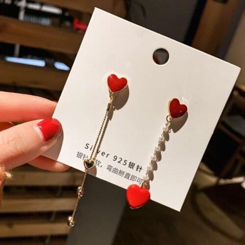 2021 New Asymmetrical Long Red Love Drop Pearl Earrings for Women Girls Korean Tassel Pearl Earrings Temperament Party Jewelry
