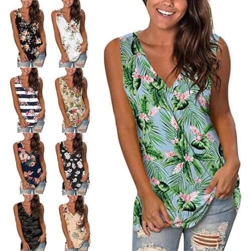 2021 Sexy V Neck Plant Floral Printed Sleeveless Loose T-shirts Casual Streetwear Lady Tee Tops WDC7670