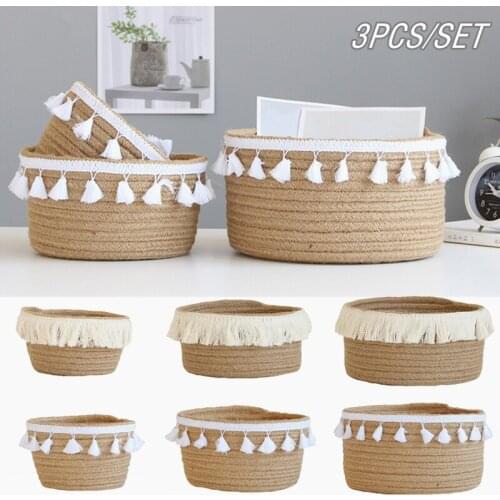 3Pcs/Set Nordic Hand Woven Storage Basket Laundry Boxes Home Cotton Rope Tassel Sundries Organizer