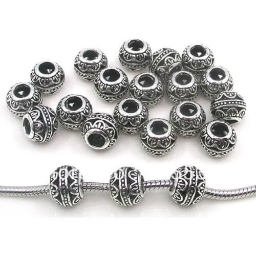 Free shipping 50pcs/lot big hole antique silver plated metal beads flower design