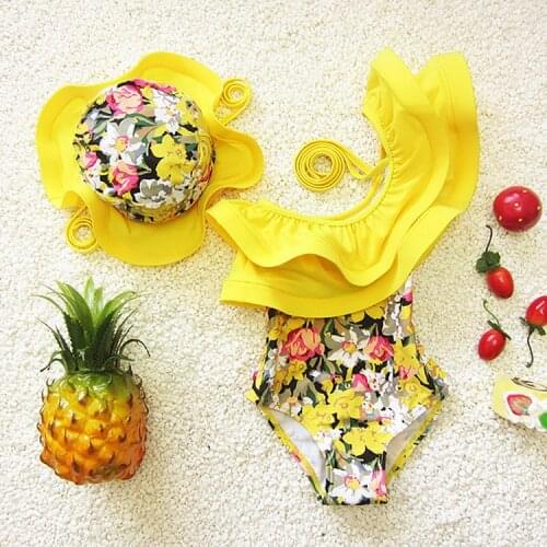 One piece swimsuit floral swimming suit for kids girl toddler girl bathing suits clothes kids swimwear with swimming cap