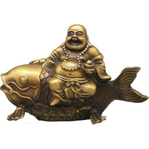 Pure Fish Maitreya Buddha Ornaments with Fish Copper Smile Buddha Home Worship Decorative Crafts Office Statue