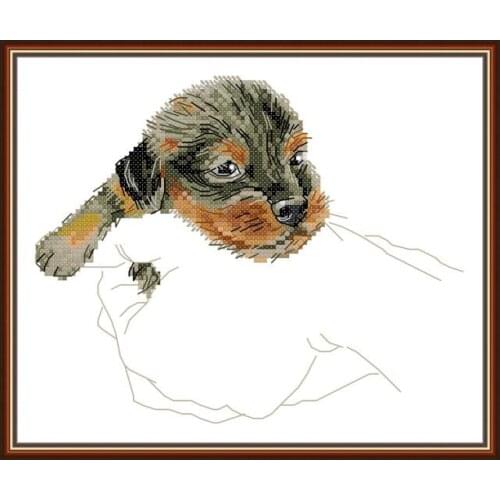 DA525 Little yellow dog in the palm cross stitches needlework embroidery DIY handmade