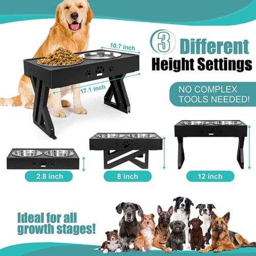 Pet Elevated Dog Bowls Adjustable Raised Feeder with 2 Stainless Steel 1.5L Pupply Food Bowls Stand Non-Slip No Spill