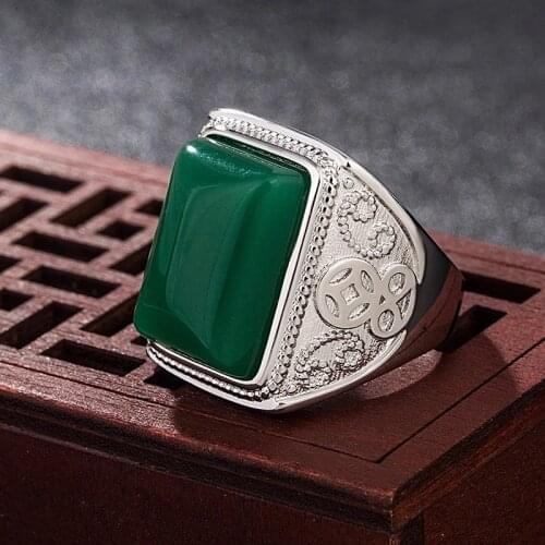 Ethnic Emerald Gemstone Men Ring Natural Green Jade Silver 925 Rings For Men Wedding Party Retro Vintage Fine Jewelry Best Gifts